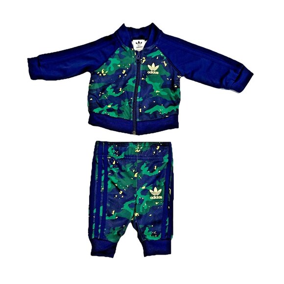Adidas Original Baby SST 2 Piece Track Suit Camo Print Blue Prime Green Sz 3 Mos - Picture 1 of 6